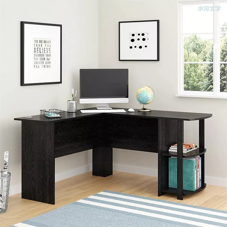 现代木质电脑桌 L 形家庭办公室黑色立式转角书桌带书架